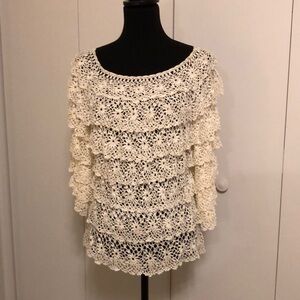 Mina Collections crocheted lace ruffles top in tiers:top, front, back & sleeves